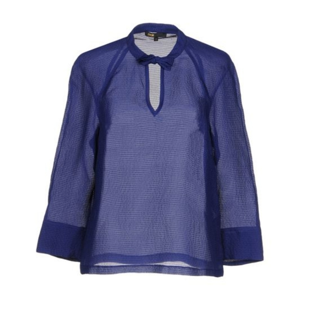 Maje Silk Bow Tie Collar Long Sleeve Blouse Size 6 Blue